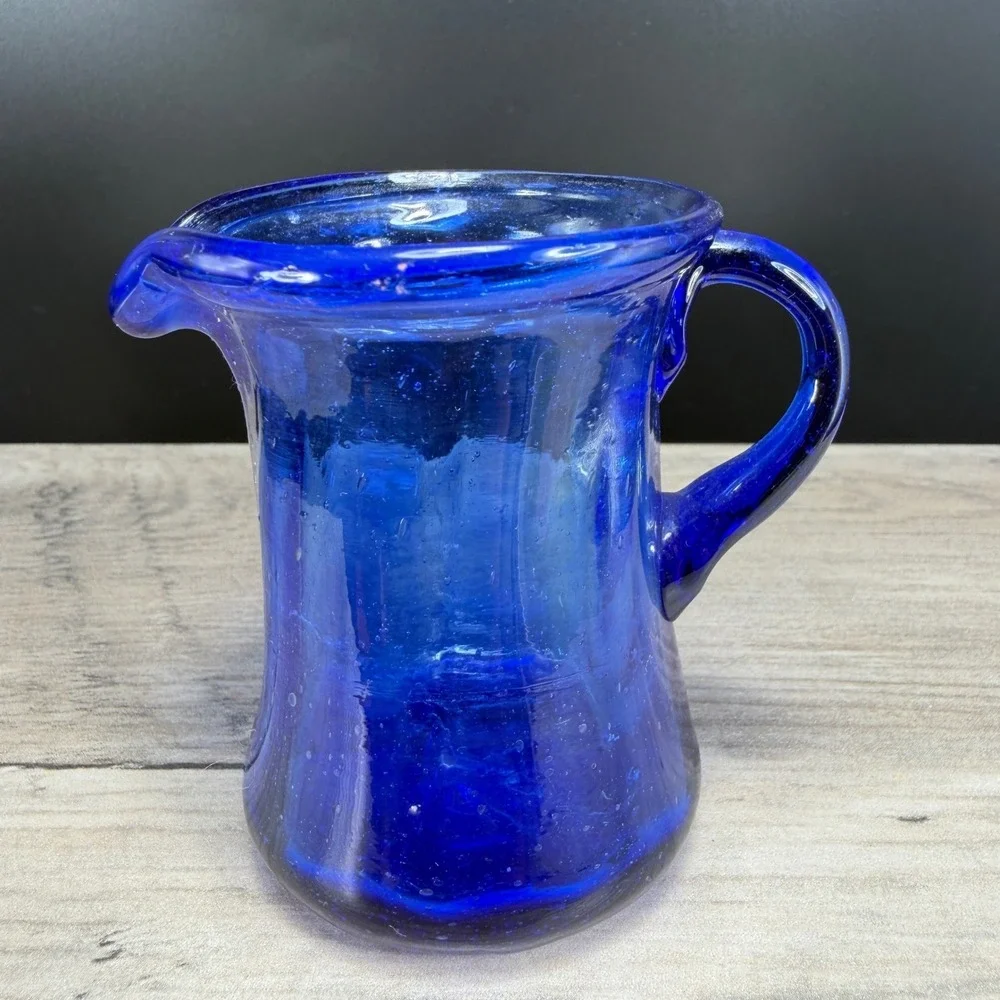 Hand‎ Blown Cobalt Blue Glass Mini Creamer Small Pitcher Jug 3 Inch Tall VTG